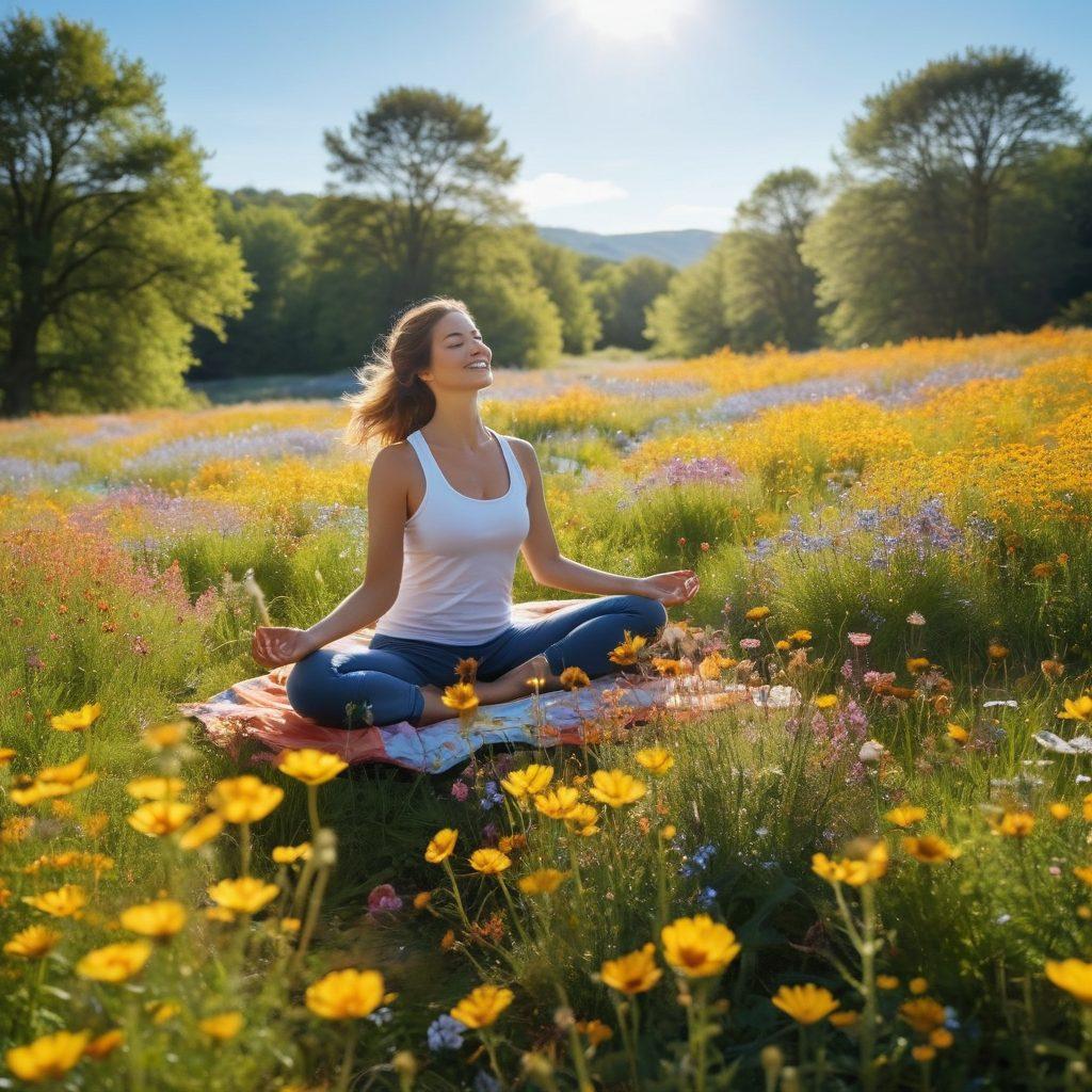 A serene nature scene featuring a sunlit meadow filled with vibrant wildflowers, a gentle breeze causing the flowers to sway, and a clear blue sky. In the foreground, a diverse group of people practicing mindfulness, joyfully meditating and engaging in activities like yoga and laughter, embodying bliss and cheerfulness. Soft, warm colors enhance the mood of happiness and tranquility. super-realistic. bright and cheerful color palette.