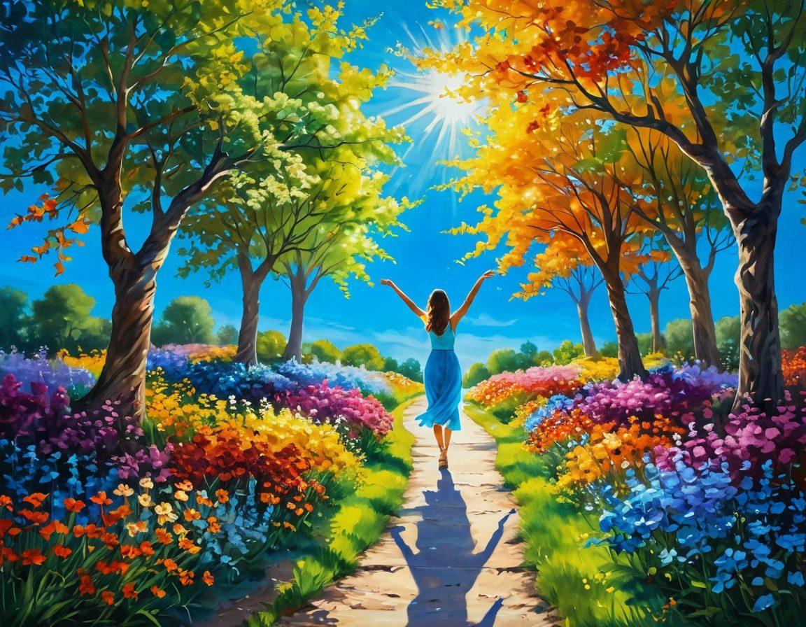 A luminous pathway lined with blooming flowers under a clear blue sky, symbolizing the journey from blissful moments to ecstatic days. Include a joyful figure dancing with arms raised, surrounded by vibrant colors and sunlight breaking through the trees. The scenery should radiate positivity and happiness, capturing the essence of a cheerful journey. surreal painting. vibrant colors. sunny ambiance.