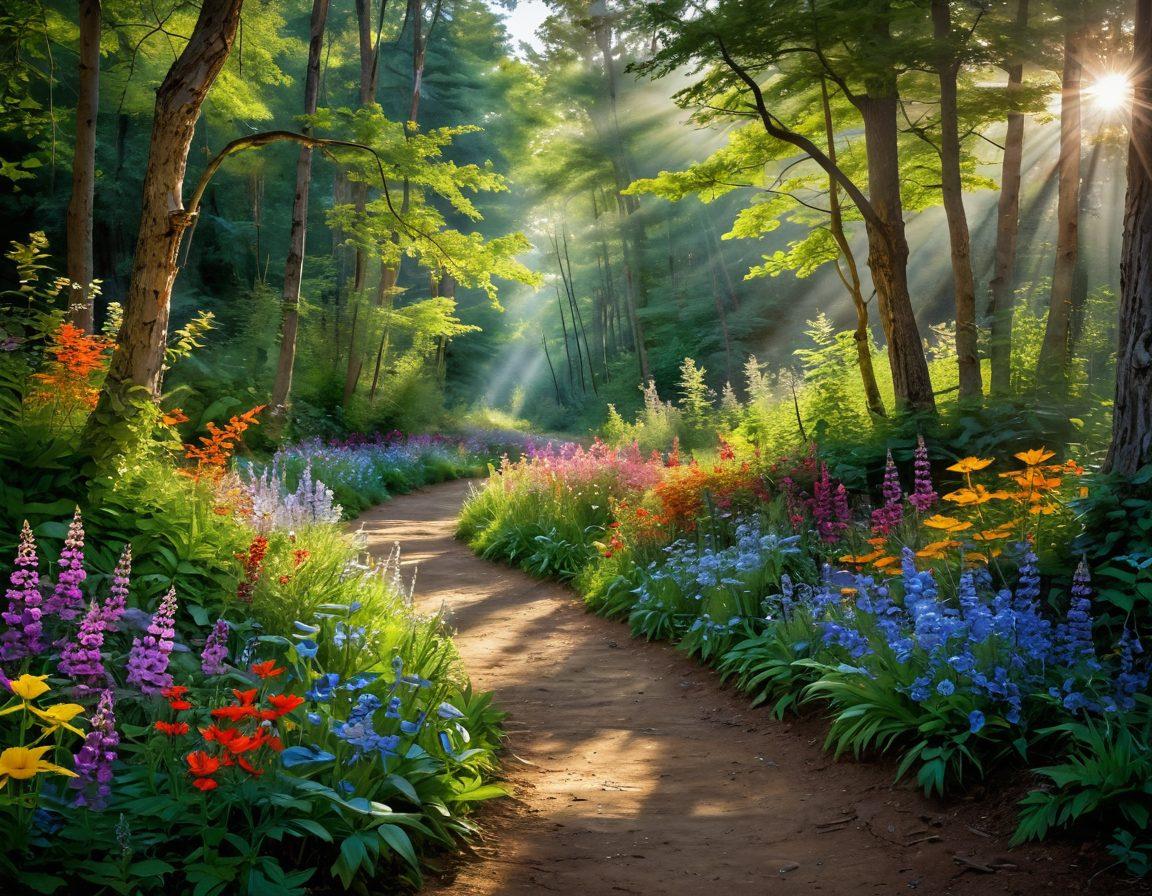 A sunlit pathway meandering through a lush forest, adorned with colorful wildflowers that radiate joy. Magical elements like butterflies and whimsical birds flit around, symbolizing freedom and happiness. A gentle breeze rustles the leaves overhead, creating a serene atmosphere of contentment and optimism. The scene invites the viewer to follow the path to a vibrant clearing filled with soft sunlight. vibrant colors. impressionistic style.